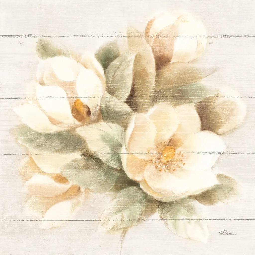 Ivory Magnolia on Wood by Albena Hristova. SKU 44749a. Archival Giclee Fine art print for wall decor.