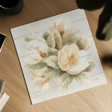Ivory Magnolia on Wood by Albena Hristova. Shown as a detailed flat fine art print, highlighting archival giclee quality. Available as an archival giclee rolled canvas, fine art paper, or poster print. SKU 44749a.
