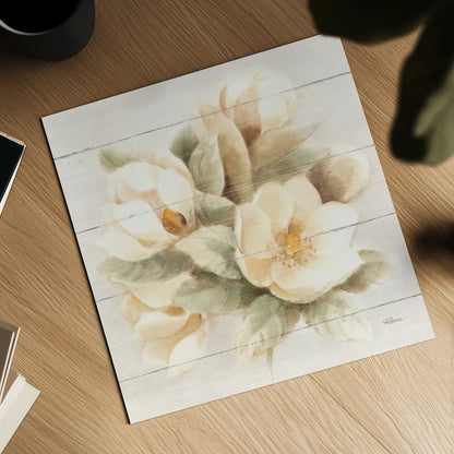 Ivory Magnolia on Wood by Albena Hristova. Shown as a detailed flat fine art print, highlighting archival giclee quality. Available as an archival giclee rolled canvas, fine art paper, or poster print. SKU 44749a.