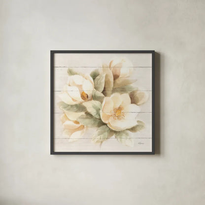 Ivory Magnolia on Wood by Albena Hristova. Shown in a sleek black glass frame for a contemporary gallery look. Available as an archival giclee rolled canvas, fine art paper, or poster print. SKU 44749a.