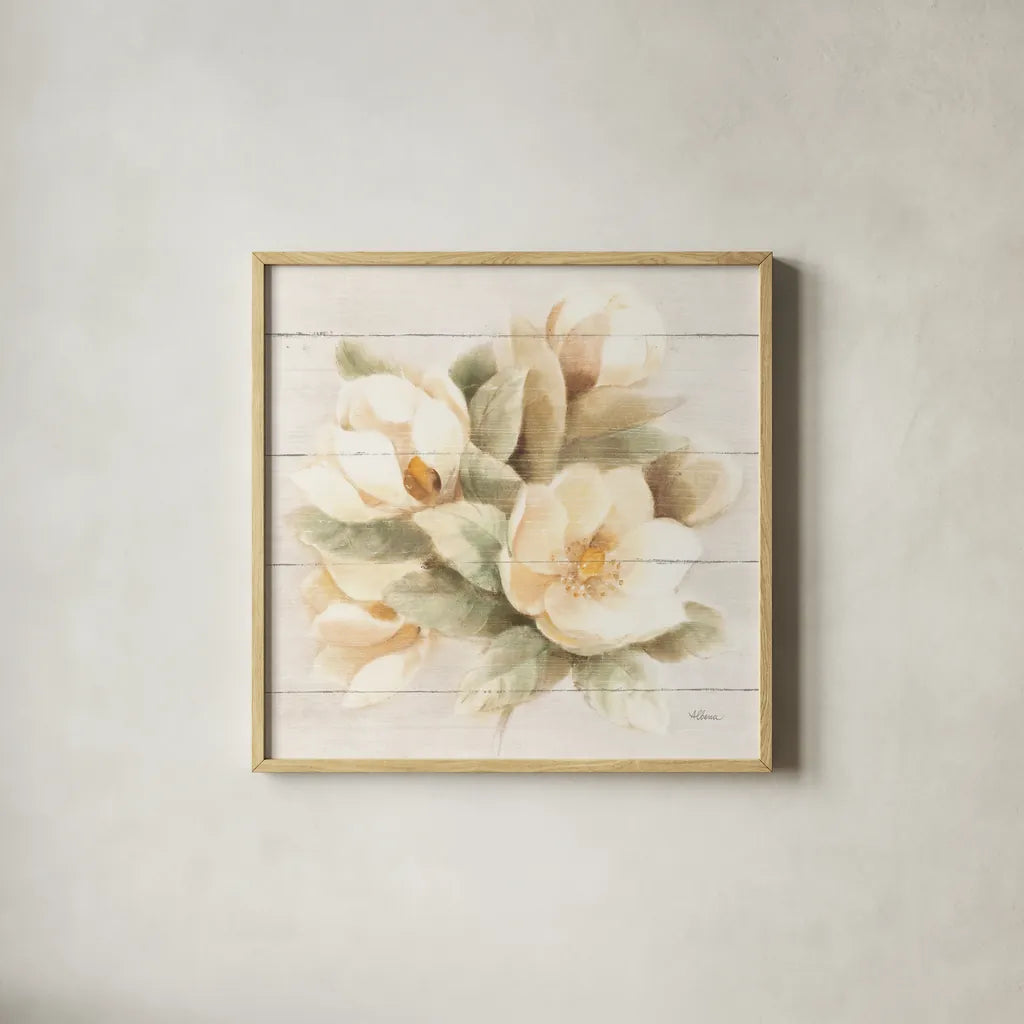 Ivory Magnolia on Wood by Albena Hristova. Shown in a natural wood glass frame for a timeless modern aesthetic. Available as an archival giclee rolled canvas, fine art paper, or poster print. SKU 44749a.
