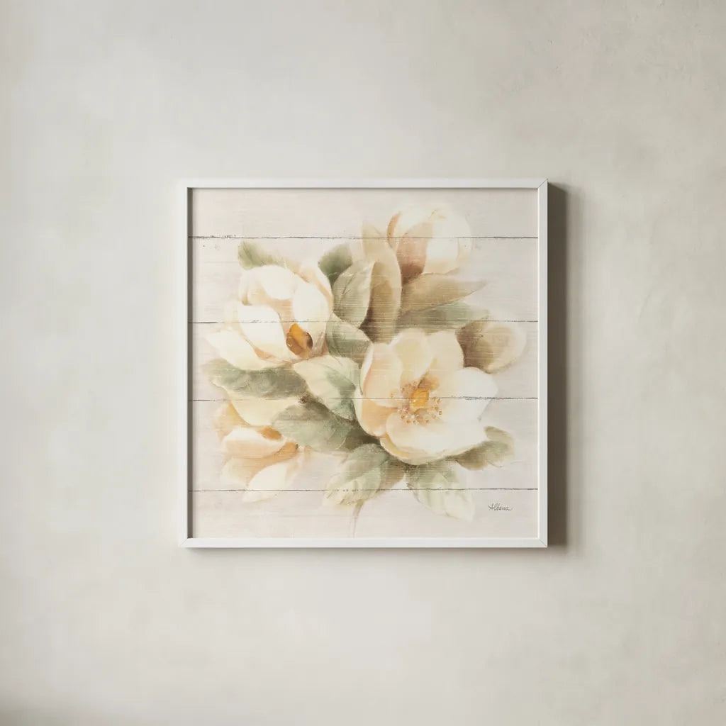 Ivory Magnolia on Wood by Albena Hristova. Shown in a crisp white glass frame for a clean and minimalist style. Available as an archival giclee rolled canvas, fine art paper, or poster print. SKU 44749a.