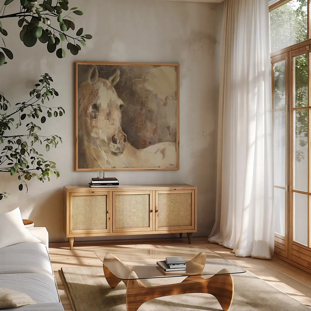 Jasmine by Albena Hristova. Shown in a natural wood frame in a cozy modern living room. Available as an archival giclee rolled canvas, fine art paper, or poster print. SKU 16694a.