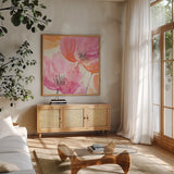 Joyous I Crop by Albena Hristova. Shown in a natural wood frame in a cozy modern living room. Available as an archival giclee rolled canvas, fine art paper, or poster print. SKU 36353a.