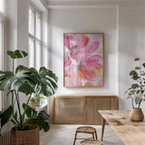 Joyous II by Albena Hristova. shown as a print in a natural wood frame in a dining room. Available as a archival giclee rolled canvas, fine art paper, or poster print. SKU 36354h.