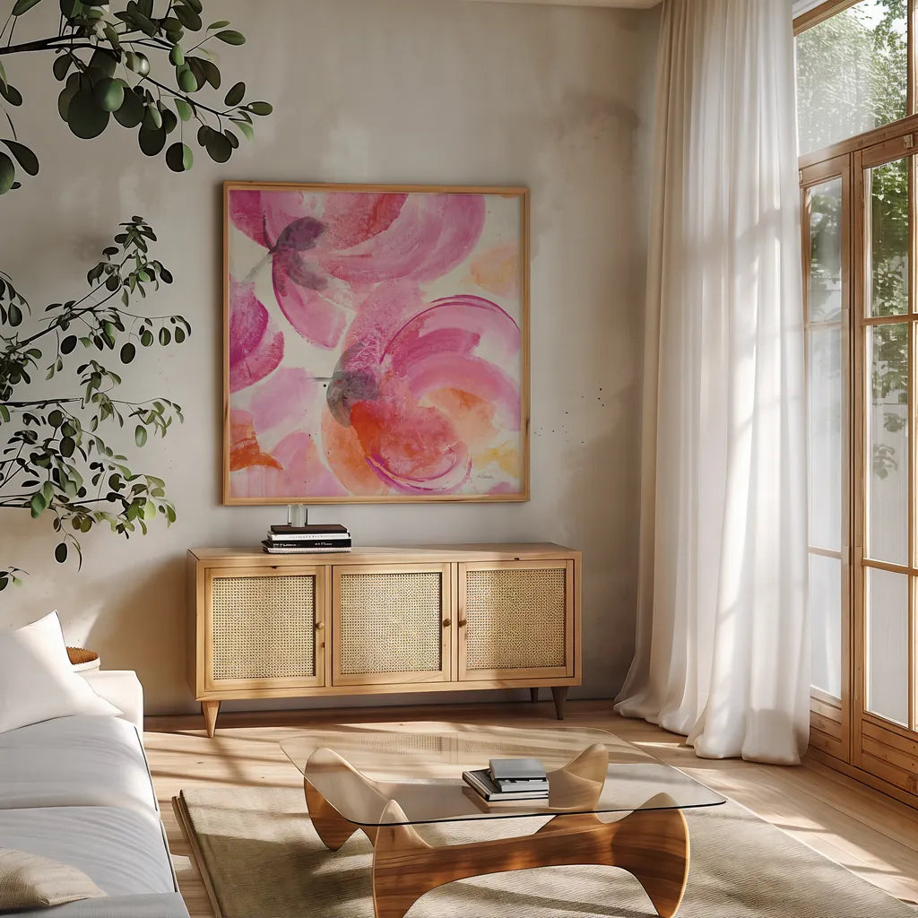 Joyous II Crop by Albena Hristova. Shown in a natural wood frame in a cozy modern living room. Available as an archival giclee rolled canvas, fine art paper, or poster print. SKU 36354a.