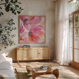 Joyous II Crop by Albena Hristova. Shown in a natural wood frame in a cozy modern living room. Available as an archival giclee rolled canvas, fine art paper, or poster print. SKU 36354a.