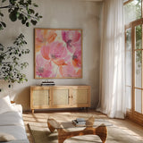 Joyous III by Albena Hristova. Shown in a natural wood frame in a cozy modern living room. Available as an archival giclee rolled canvas, fine art paper, or poster print. SKU 36994a.
