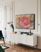 June Roses I Purple by Albena Hristova. shown as a framed stretched canvas in a living room above a console. Available as a archival giclee rolled canvas, fine art paper, or poster print. SKU 19133i.
