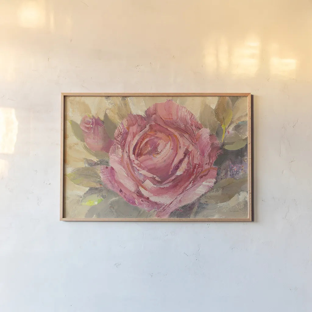 June Roses I Purple by Albena Hristova. shown as a paper print in a natural frame. Available as a archival giclee rolled canvas, fine art paper, or poster print. SKU 19133i.