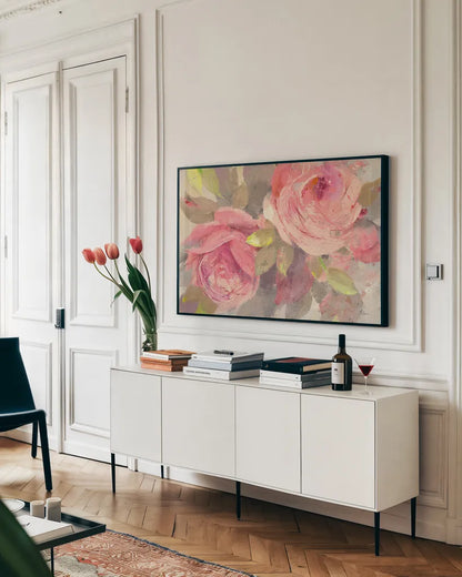 June Roses II by Albena Hristova. shown as a framed stretched canvas in a living room above a console. Available as a archival giclee rolled canvas, fine art paper, or poster print. SKU 16679i.