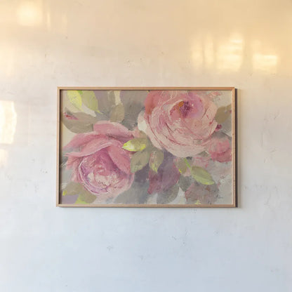 June Roses II by Albena Hristova. shown as a paper print in a natural frame. Available as a archival giclee rolled canvas, fine art paper, or poster print. SKU 16679i.