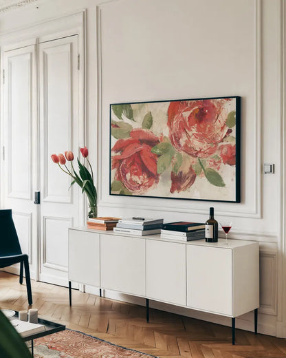 June Roses II Ivory Crop by Albena Hristova. shown as a framed stretched canvas in a living room above a console. Available as a archival giclee rolled canvas, fine art paper, or poster print. SKU 44776i.