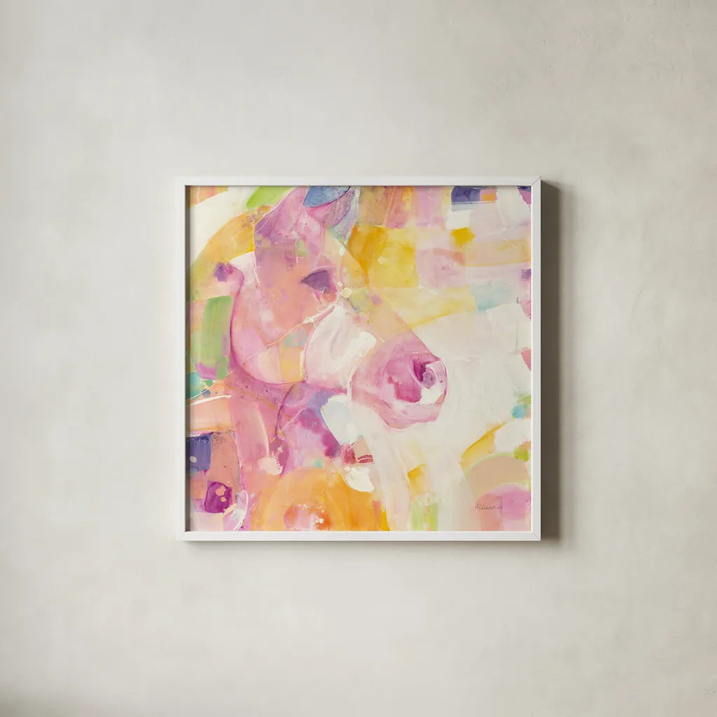 Kaleidoscope Horse I by Albena Hristova. Shown in a crisp white glass frame for a clean and minimalist style. Available as an archival giclee rolled canvas, fine art paper, or poster print. SKU 51987a.