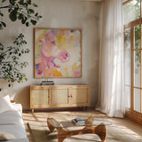 Kaleidoscope Horse I by Albena Hristova. Shown in a natural wood frame in a cozy modern living room. Available as an archival giclee rolled canvas, fine art paper, or poster print. SKU 51987a.