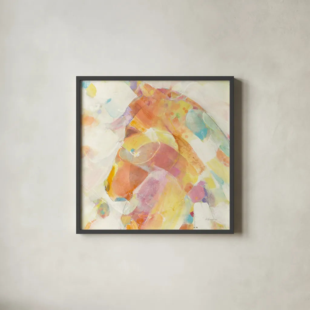Kaleidoscope Horse II by Albena Hristova. Shown in a sleek black glass frame for a contemporary gallery look. Available as an archival giclee rolled canvas, fine art paper, or poster print. SKU 51988a.