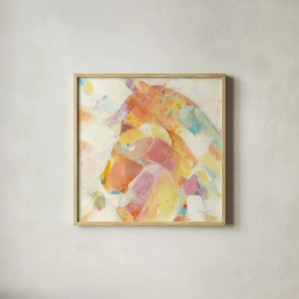 Kaleidoscope Horse II by Albena Hristova. Shown in a natural wood glass frame for a timeless modern aesthetic. Available as an archival giclee rolled canvas, fine art paper, or poster print. SKU 51988a.