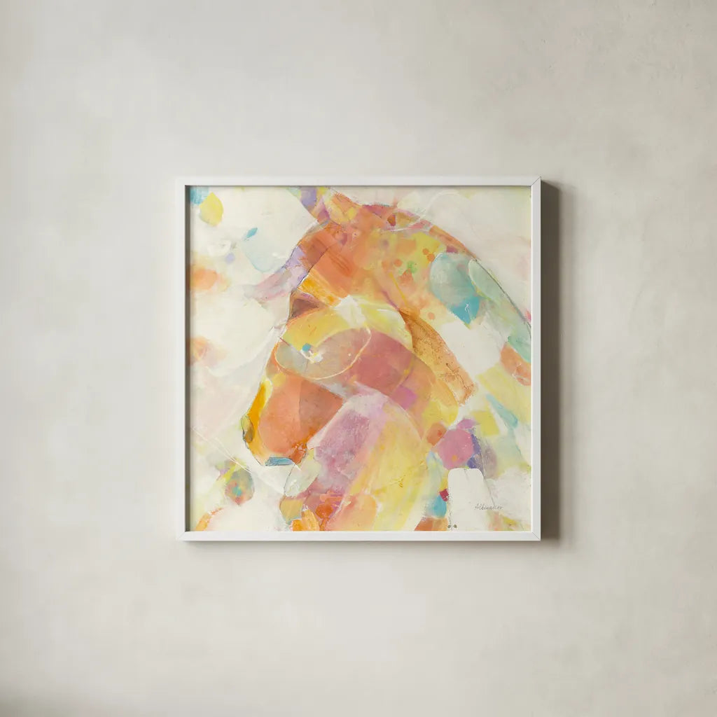 Kaleidoscope Horse II by Albena Hristova. Shown in a crisp white glass frame for a clean and minimalist style. Available as an archival giclee rolled canvas, fine art paper, or poster print. SKU 51988a.