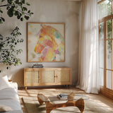 Kaleidoscope Horse II by Albena Hristova. Shown in a natural wood frame in a cozy modern living room. Available as an archival giclee rolled canvas, fine art paper, or poster print. SKU 51988a.