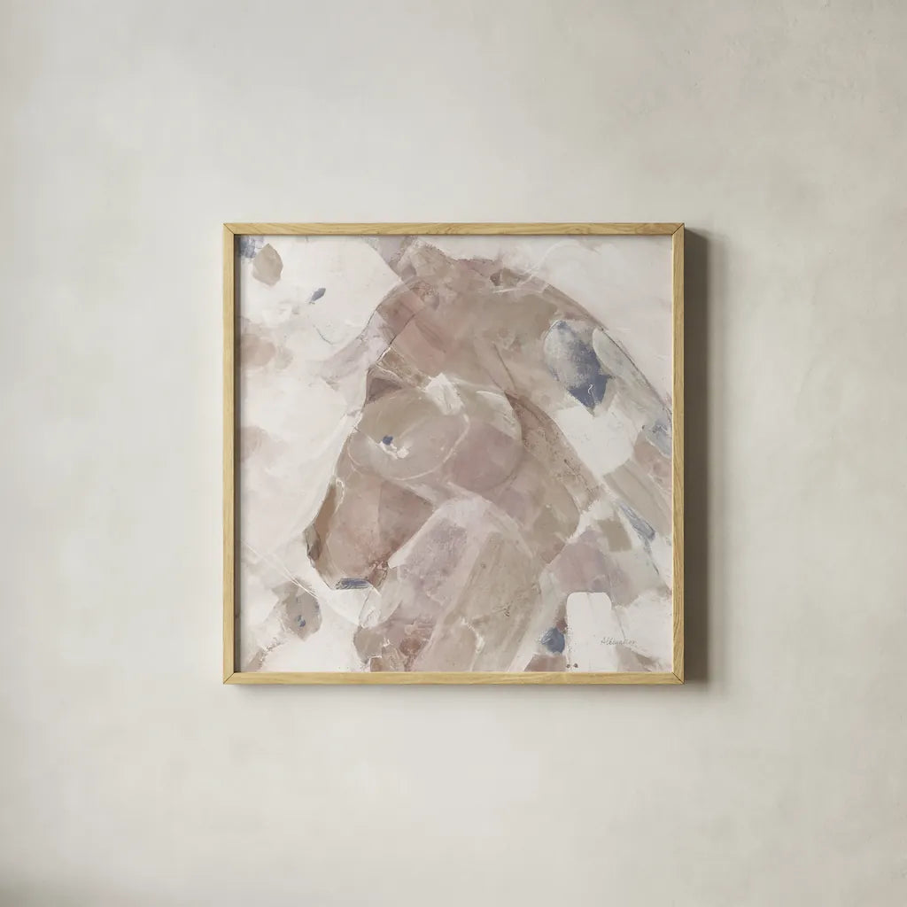 Kaleidoscope Horse II Neutral Navy by Albena Hristova. Shown in a natural wood glass frame for a timeless modern aesthetic. Available as an archival giclee rolled canvas, fine art paper, or poster print. SKU 56055a.