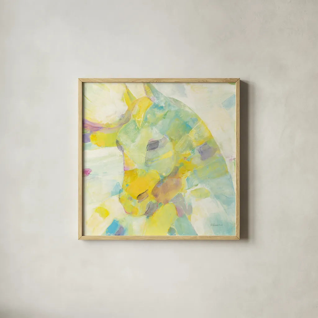 Kaleidoscope Horse III by Albena Hristova. Shown in a natural wood glass frame for a timeless modern aesthetic. Available as an archival giclee rolled canvas, fine art paper, or poster print. SKU 51989a.