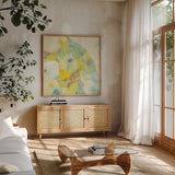 Kaleidoscope Horse III by Albena Hristova. Shown in a natural wood frame in a cozy modern living room. Available as an archival giclee rolled canvas, fine art paper, or poster print. SKU 51989a.