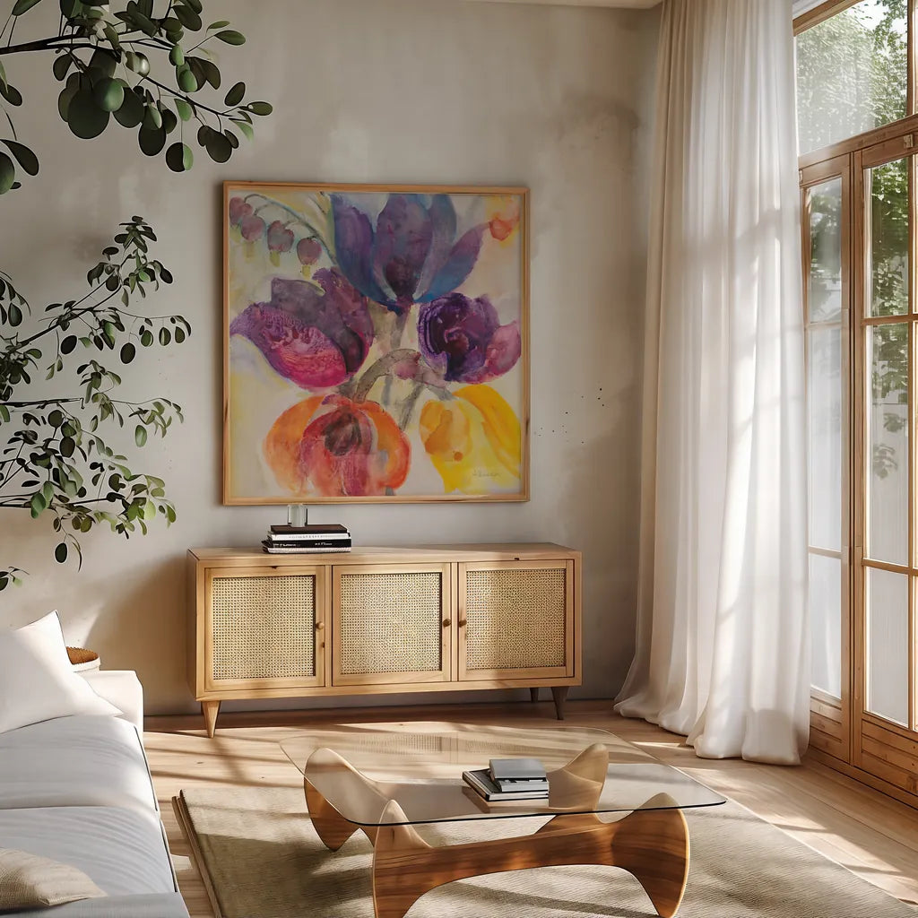 Late Summer I by Albena Hristova. Shown in a natural wood frame in a cozy modern living room. Available as an archival giclee rolled canvas, fine art paper, or poster print. SKU 86630a.