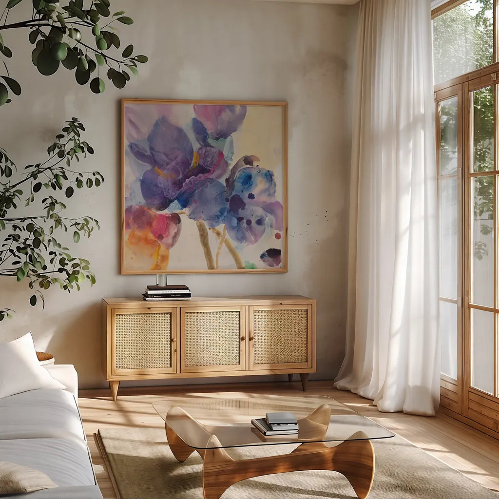 Late Summer II by Albena Hristova. Shown in a natural wood frame in a cozy modern living room. Available as an archival giclee rolled canvas, fine art paper, or poster print. SKU 86631a.