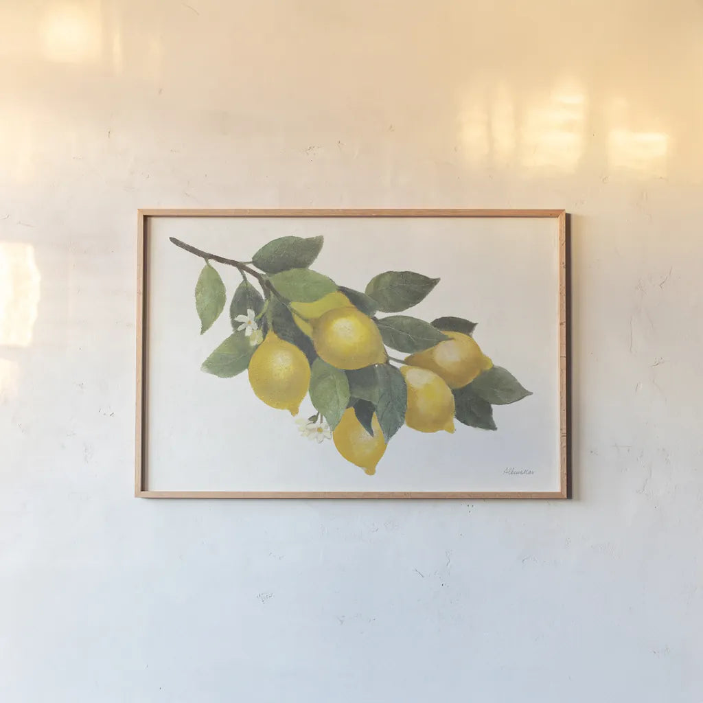 Lemon Branch I by Albena Hristova. shown as a paper print in a natural frame. Available as a archival giclee rolled canvas, fine art paper, or poster print. SKU 72451i.