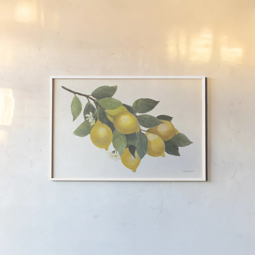 Lemon Branch I by Albena Hristova. shown as a paper print in a white frame. Available as a archival giclee rolled canvas, fine art paper, or poster print. SKU 72451i.