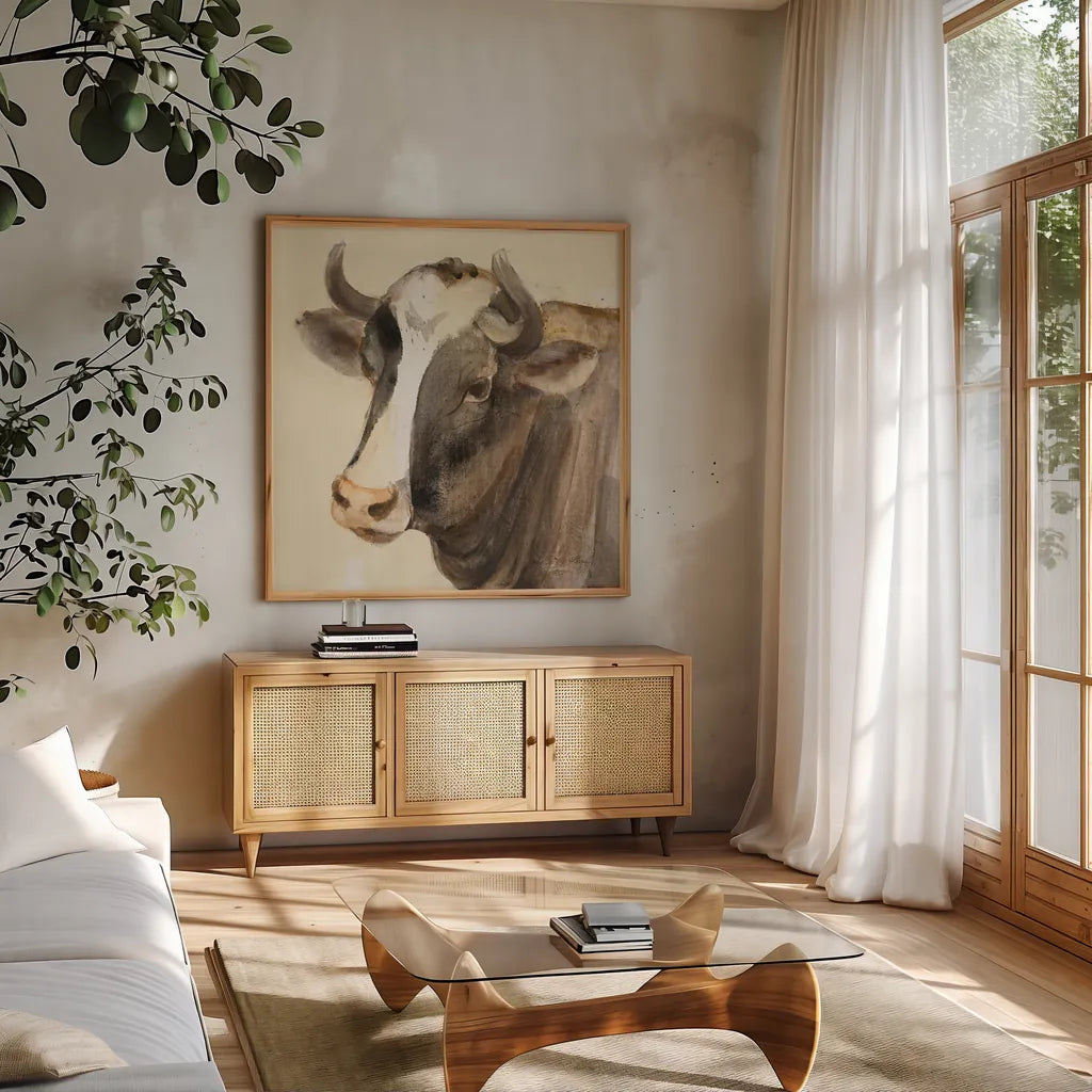 Looking at You II by Albena Hristova. Shown in a natural wood frame in a cozy modern living room. Available as an archival giclee rolled canvas, fine art paper, or poster print. SKU 33939a.