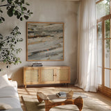 Lots of Layers I Crop by Albena Hristova. Shown in a natural wood frame in a cozy modern living room. Available as an archival giclee rolled canvas, fine art paper, or poster print. SKU 46421a.