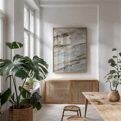 Lots of Layers II by Albena Hristova. shown as a print in a natural wood frame in a dining room. Available as a archival giclee rolled canvas, fine art paper, or poster print. SKU 46422h.