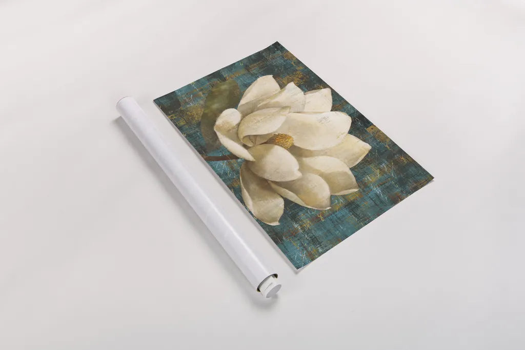 Magnolia Blossom Turquoise by Albena Hristova. shown as a rolled paper print. Available as archival giclee rolled canvas, fine art paper, or poster print. SKU 10530i.