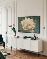 Magnolia Blossom Turquoise by Albena Hristova. shown as a framed stretched canvas in a living room above a console. Available as a archival giclee rolled canvas, fine art paper, or poster print. SKU 10530i.