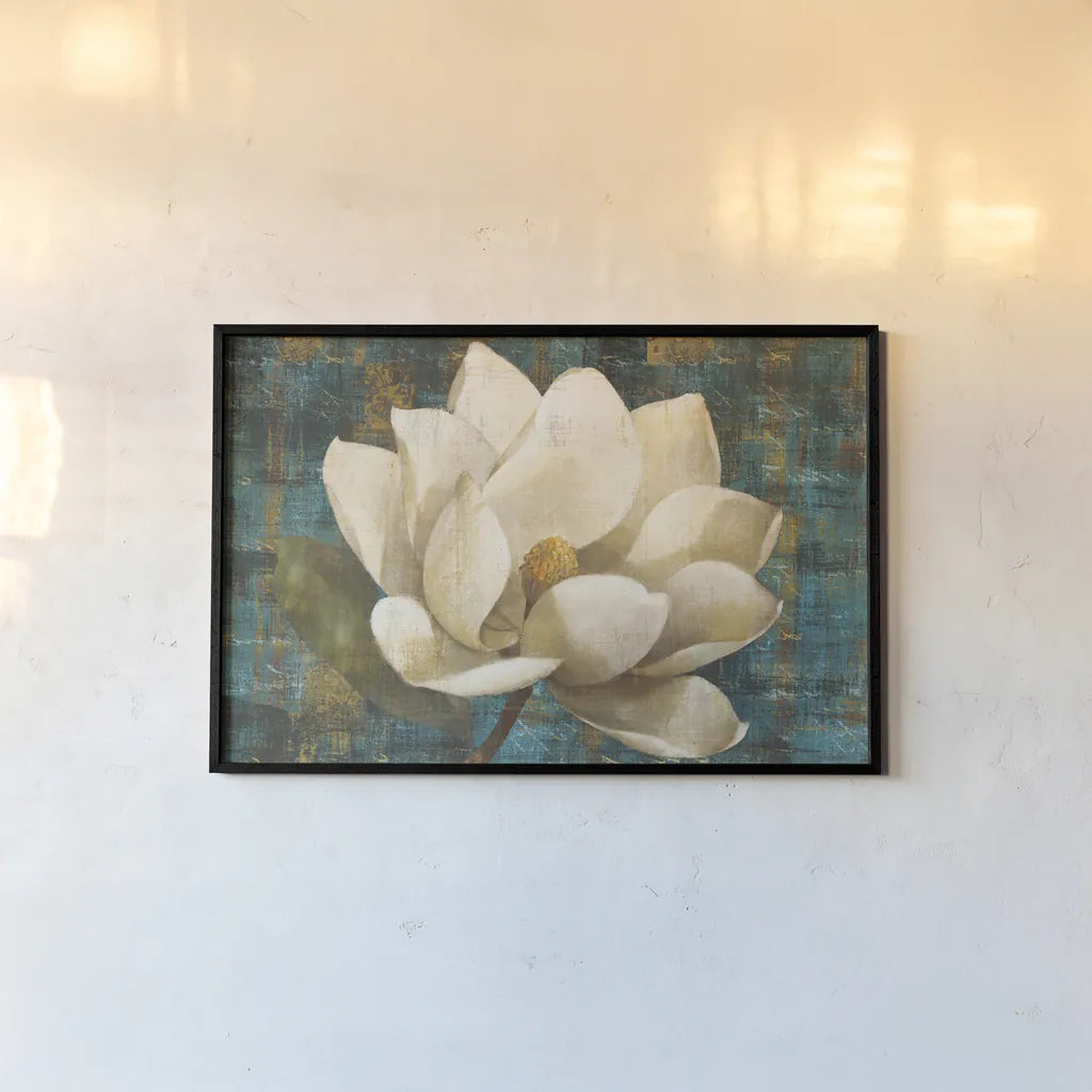 Magnolia Blossom Turquoise by Albena Hristova. shown as a paper print in a black flame. Available as a archival giclee rolled canvas, fine art paper, or poster print. SKU 10530i.