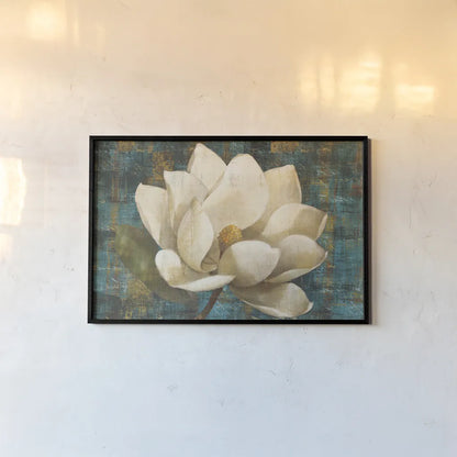 Magnolia Blossom Turquoise by Albena Hristova. shown as a paper print in a black flame. Available as a archival giclee rolled canvas, fine art paper, or poster print. SKU 10530i.