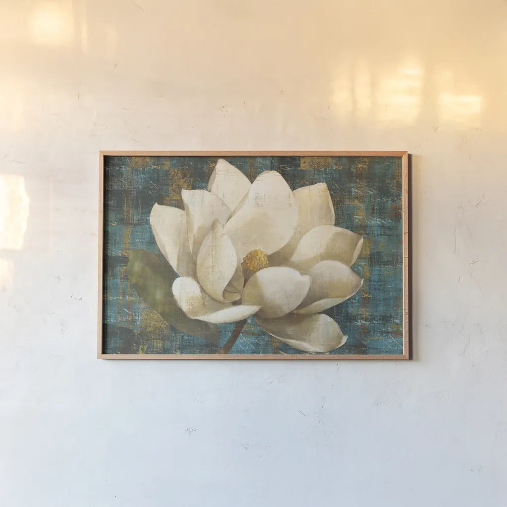 Magnolia Blossom Turquoise by Albena Hristova. shown as a paper print in a natural frame. Available as a archival giclee rolled canvas, fine art paper, or poster print. SKU 10530i.