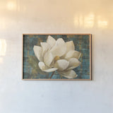 Magnolia Blossom Turquoise by Albena Hristova. shown as a paper print in a natural frame. Available as a archival giclee rolled canvas, fine art paper, or poster print. SKU 10530i.