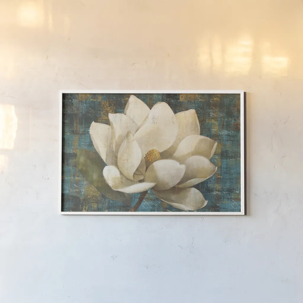 Magnolia Blossom Turquoise by Albena Hristova. shown as a paper print in a white frame. Available as a archival giclee rolled canvas, fine art paper, or poster print. SKU 10530i.