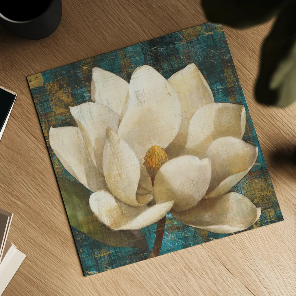 Magnolia Blossom Turquoise by Albena Hristova. Shown as a detailed flat fine art print, highlighting archival giclee quality. Available as an archival giclee rolled canvas, fine art paper, or poster print. SKU 10839a.