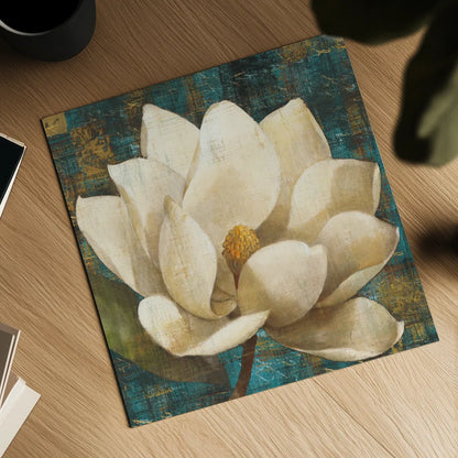Magnolia Blossom Turquoise by Albena Hristova. Shown as a detailed flat fine art print, highlighting archival giclee quality. Available as an archival giclee rolled canvas, fine art paper, or poster print. SKU 10839a.