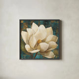 Magnolia Blossom Turquoise by Albena Hristova. Shown in a sleek black glass frame for a contemporary gallery look. Available as an archival giclee rolled canvas, fine art paper, or poster print. SKU 10839a.
