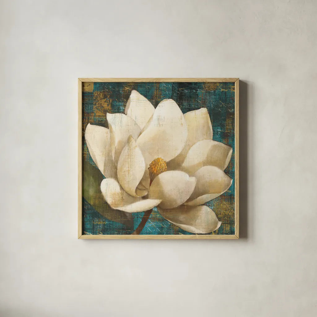 Magnolia Blossom Turquoise by Albena Hristova. Shown in a natural wood glass frame for a timeless modern aesthetic. Available as an archival giclee rolled canvas, fine art paper, or poster print. SKU 10839a.