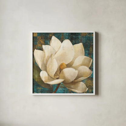 Magnolia Blossom Turquoise by Albena Hristova. Shown in a crisp white glass frame for a clean and minimalist style. Available as an archival giclee rolled canvas, fine art paper, or poster print. SKU 10839a.