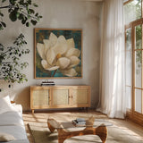Magnolia Blossom Turquoise by Albena Hristova. Shown in a natural wood frame in a cozy modern living room. Available as an archival giclee rolled canvas, fine art paper, or poster print. SKU 10839a.