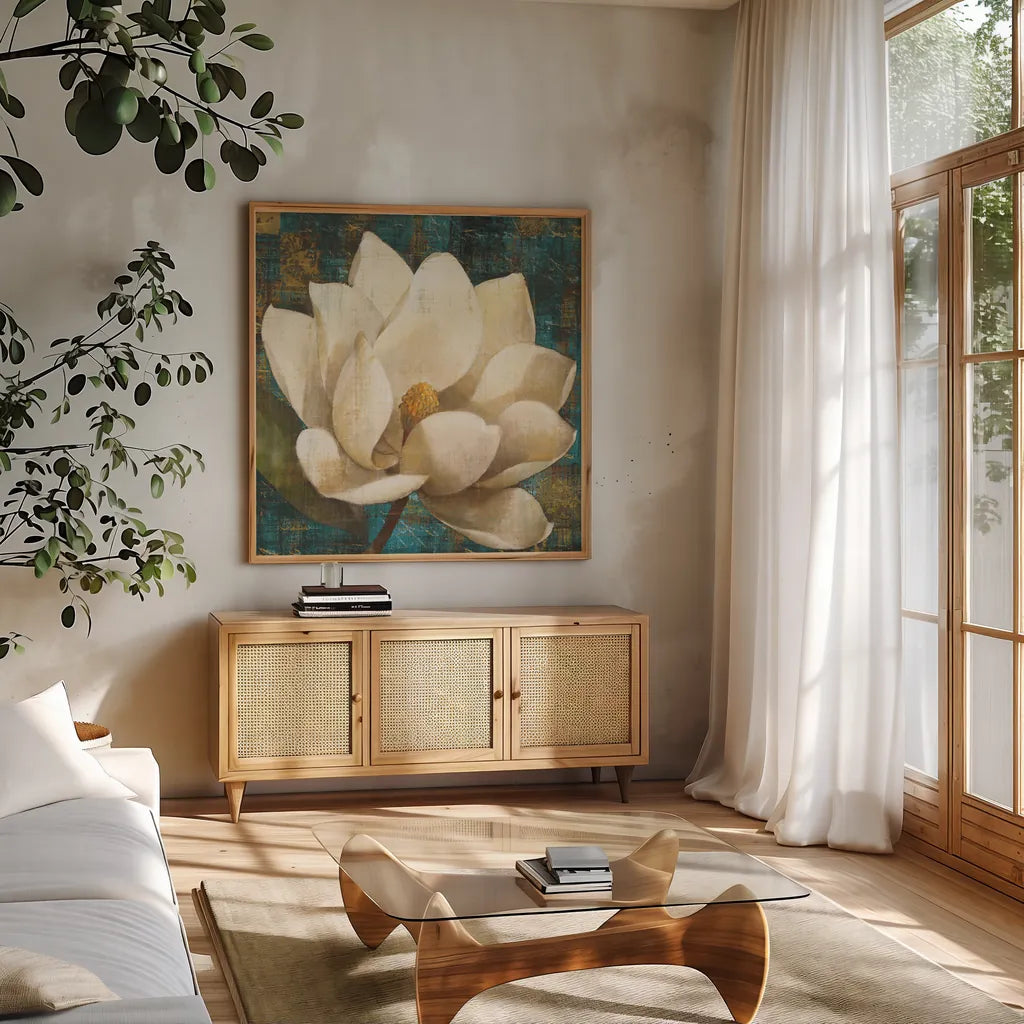 Magnolia Blossom Turquoise by Albena Hristova. Shown in a natural wood frame in a cozy modern living room. Available as an archival giclee rolled canvas, fine art paper, or poster print. SKU 10839a.