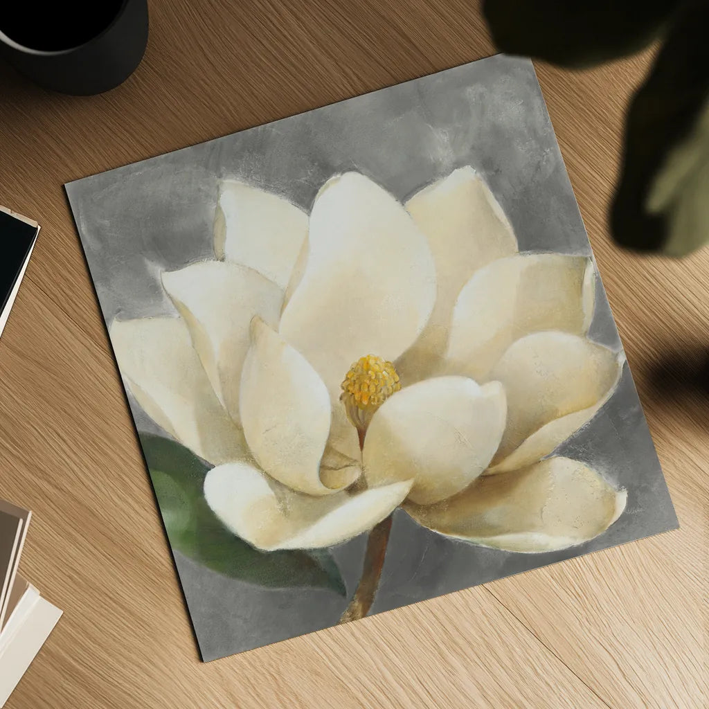 Magnolia Blossom on Gray by Albena Hristova. Shown as a detailed flat fine art print, highlighting archival giclee quality. Available as an archival giclee rolled canvas, fine art paper, or poster print. SKU 35734a.