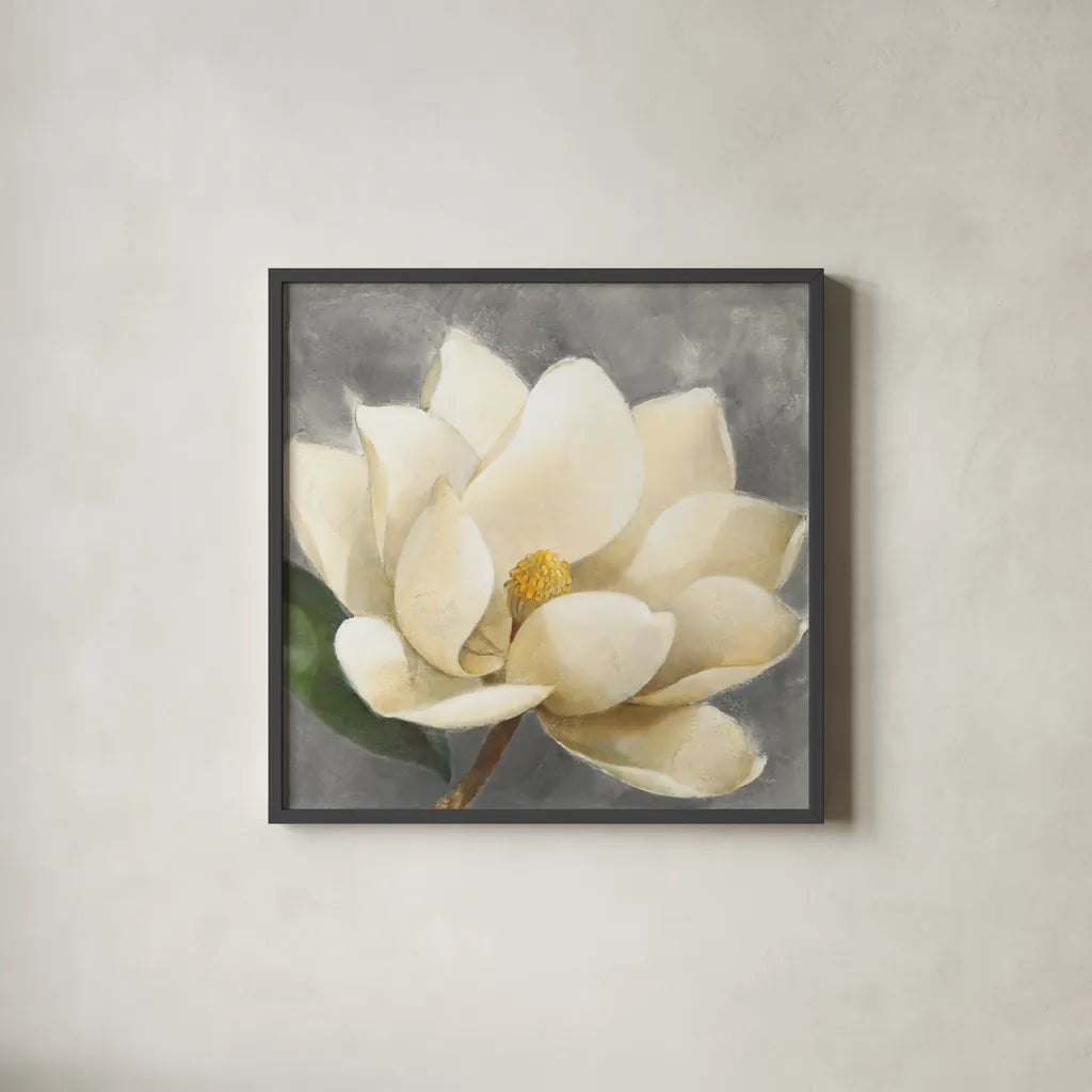 Magnolia Blossom on Gray by Albena Hristova. Shown in a sleek black glass frame for a contemporary gallery look. Available as an archival giclee rolled canvas, fine art paper, or poster print. SKU 35734a.