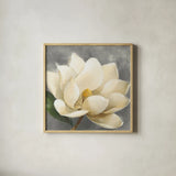 Magnolia Blossom on Gray by Albena Hristova. Shown in a natural wood glass frame for a timeless modern aesthetic. Available as an archival giclee rolled canvas, fine art paper, or poster print. SKU 35734a.